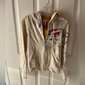 vintage y2k Ed Hardy graphic women/teen zip up hoodie size small. Fur lined hood